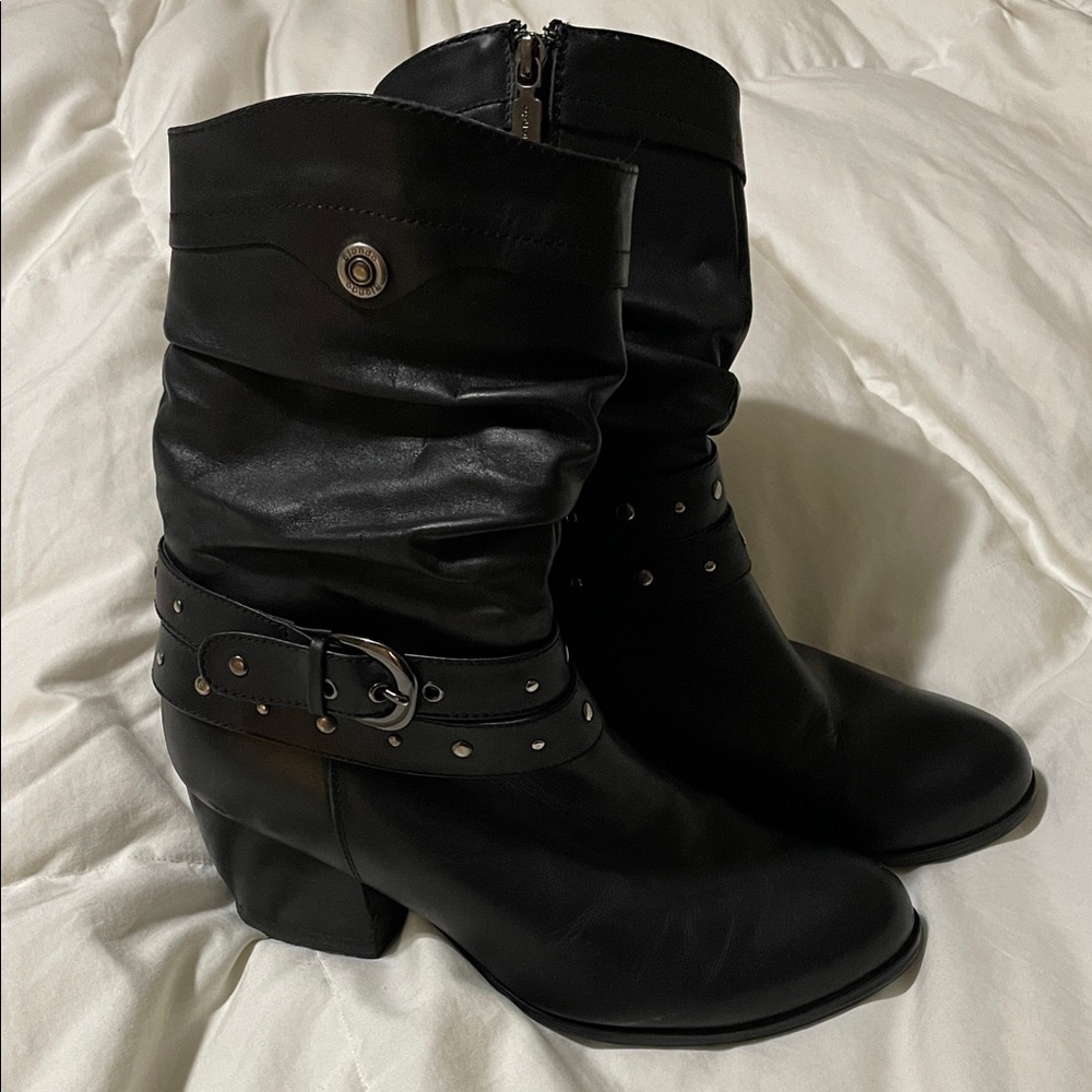 Blondo | Black | Leather | Wool Lined | Heeled Boots with Studded Strap | Size 7